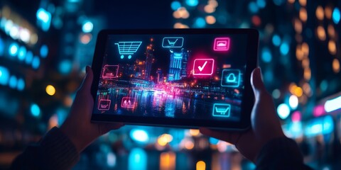 Poster - A tablet shows colorful digital icons in a vibrant cityscape at night, highlighting modern technology.