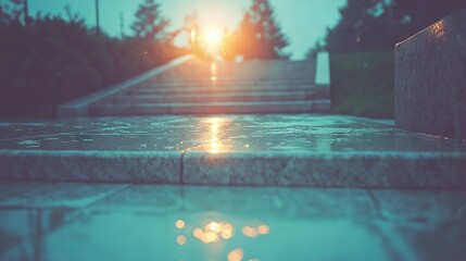 Wall Mural -   The sun illuminates the stone steps leading to the top of the stairs