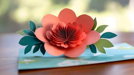 Wall Mural - Paper Flower with Green Leaves on a Blue Card