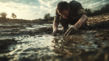 Wall Mural - A low-angle shot of a man in a desolate riverbed, his hands working tirelessly as he digs a hole in the parched ground, embodying both desperation and the search for hope.