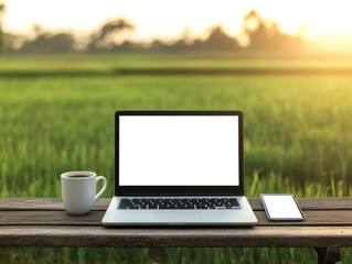 Poster - A laptop with a blank screen mockup on a wooden table in a rice field, a coffee cup and a smartphone next to the laptop with a white screen, and sunset light, creating a concept with copy space.