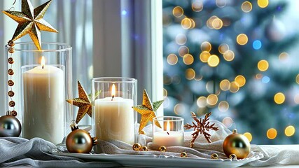 Wall Mural - Festive still life with burning candles and Christmas decorations on bokeh background. Christmas composition for home interior