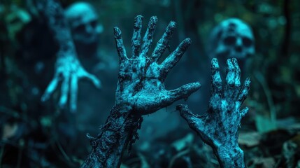 Zombie hands rising in dark Halloween night