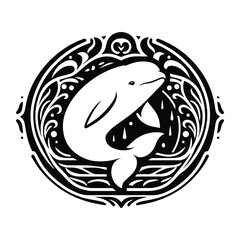 Beluga with art nouveau decoration, stencil logo, black and white animal illustration