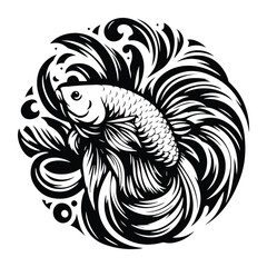 Betta Fish with art nouveau decoration, stencil logo, black and white animal illustration