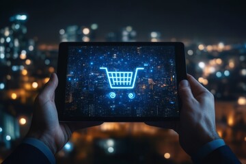 A person holds a tablet that shows a shopping cart icon while standing in front of a vibrant city skyline