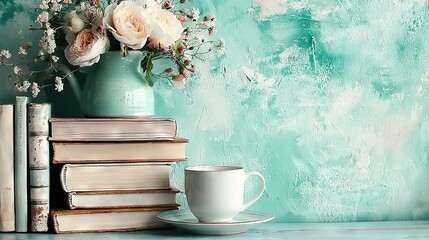 Wall Mural -   A vase with flowers atop a pile of books beside a coffee cup and another set of books