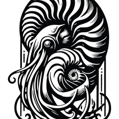 nautilus with art nouveau decoration, stencil logo, black and white animal illustration