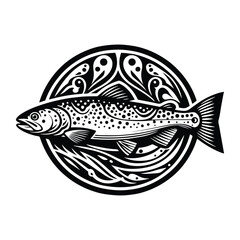 Trout fish with art nouveau decoration, stencil logo, black and white animal illustration