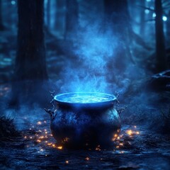 Wall Mural - A mystical cauldron emitting a glowing blue mist sits in an enchanted forest, surrounded by a magical ambiance, Suitable for fantasy, Halloween, or magical themes,