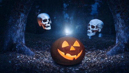 halloween background - scary forest at night, pumpkins, skulls, cemetery, moon