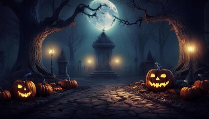 halloween background - scary forest at night, pumpkins, skulls, cemetery, moon