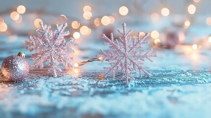 Wall Mural -   A pair of snowflakes rest beside each other on a blue background, surrounded by bright lights