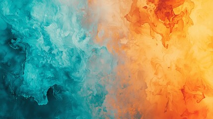 Poster - Abstract fluid art painting in orange and blue, mixing together to create interesting shapes and textures, perfect for backgrounds