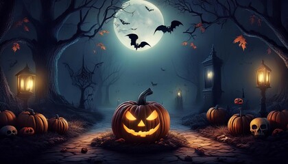 halloween background - scary forest at night, pumpkins, skulls, cemetery, moon