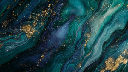 Poster - Abstract fluid art painting in alcohol ink technique, mixture of green, blue, and gold paints, abstract background in fluid art style