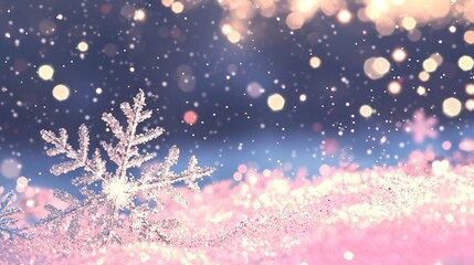 Wall Mural -   A sharp image of a single snowflake against a blurry backdrop with several snowflakes visible in the foreground