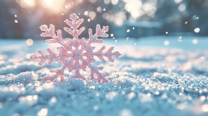 Wall Mural -   A pink snowflake on a snowy pile, near a forest filled with lots of snow