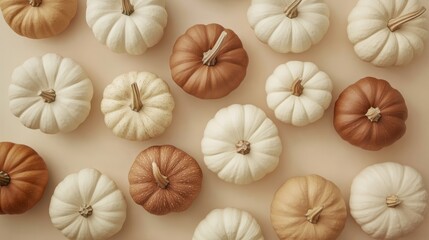 Wall Mural - This cozy flat lay showcases soft beige and rich brown pumpkins, capturing autumns spirit. Its perfect for fall gatherings, Thanksgiving, and Halloween, offering inspiration for chic, elegant decor