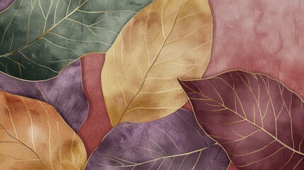 Poster - Abstract luxury and elegant background with golden veins on colorful leaves, for invitation, print, wallpaper, packaging, cover design