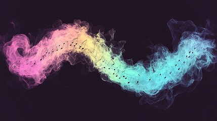   A colorful background featuring music notes as a wave of smoke on a dark background