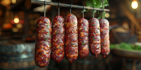 Hanging Salami Sausages, Process of Preparation and Storage, Banner