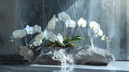 Sticker - Podium made of natural stone adorned with orchids for displaying cosmetic products