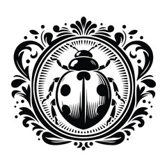 Ladybug insect with victorian flourish decoration, stencil logo, black and white animal illustration