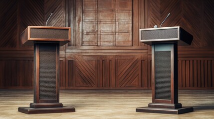 two wooden podiums with microphones stand in front of a wooden wall. the podiums are empty, waiting 