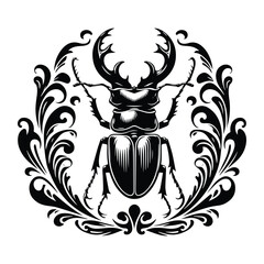 stag beetle insect with victorian flourish decoration, stencil logo, black and white animal illustration