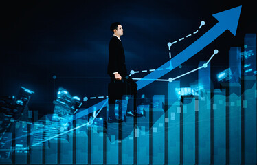 Wall Mural - Double Exposure Image of Business and Finance - Businessman with report chart up forward to financial profit growth of stock market investment. uds