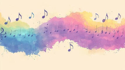 Wall Mural -   Watercolor artwork featuring musical notes on a pastel-colored backdrop with shades of pink, blue, yellow, and purple