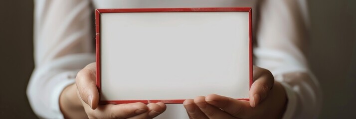 Canvas Print - Hands presenting a small blank whiteboard framed in red.