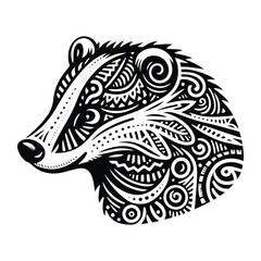 Badger in zentangle art, stencil logo, black and white animal illustration