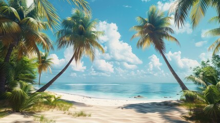 Scenic tropical beach setting with palm trees, ideal for holidays.