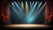 © Valerii - Spotlights illuminating empty stage with red curtains, copy space