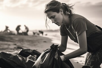 Poster - A woman is picking up trash on a beach. The beach is littered with trash, and the woman is trying to clean it up. The scene is sad and depressing