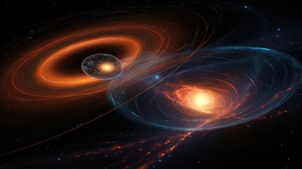 Wall Mural - a mesmerizing cosmic dance unfolds, as two celestial bodies collide in a symphony of light and energ