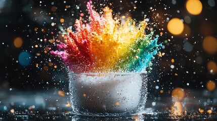   Brightly colored water splashes into a white basin on a damp surface, framed by soft light background