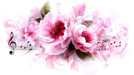 Sticker -   A cluster of pink blooms atop a white background featuring musical notes