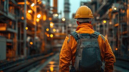 Nuclear industry worker against the background of a nuclear power plant, physicist, employee portrait, man, pipes, technology, equipment, science, scientist, uniform, helmet, builder, engineer