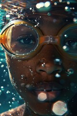 Poster - A woman is underwater wearing goggles. The water is clear and the woman's face is visible. Concept of adventure and exploration, as the woman is diving into the water to explore the underwater world