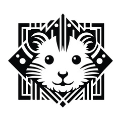 Hamster with art deco decoration, stencil logo, black and white animal illustration