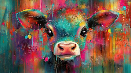 Wall Mural -   A vibrant painting of a cow's face, adorned with splashed paint on its snout