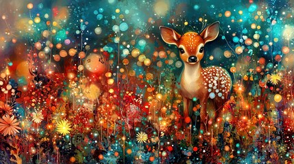   A painting of a deer amidst blooming flowers and dotted with glistening bubbles on its fur