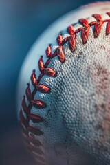 A baseball with red stitching on it. The ball is white and red