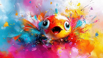 Wall Mural -   A vibrant depiction of a sunny-hued fish boasting large, expressive eyes and an array of vivid splatter markings on its radiant body