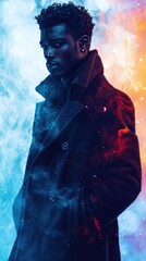 Wall Mural - Portrait of a Stylish Man Posing with Dramatic Blue and Orange Lighting Effects