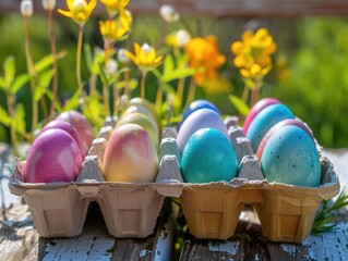 Wall Mural - A dozen colorful eggs are sitting in a cardboard box on a wooden table. The eggs are arranged in a way that they look like they are ready to be eaten, but they are not