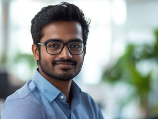 Poster - A man wearing glasses and a blue shirt is smiling for the camera. Concept of confidence and friendliness